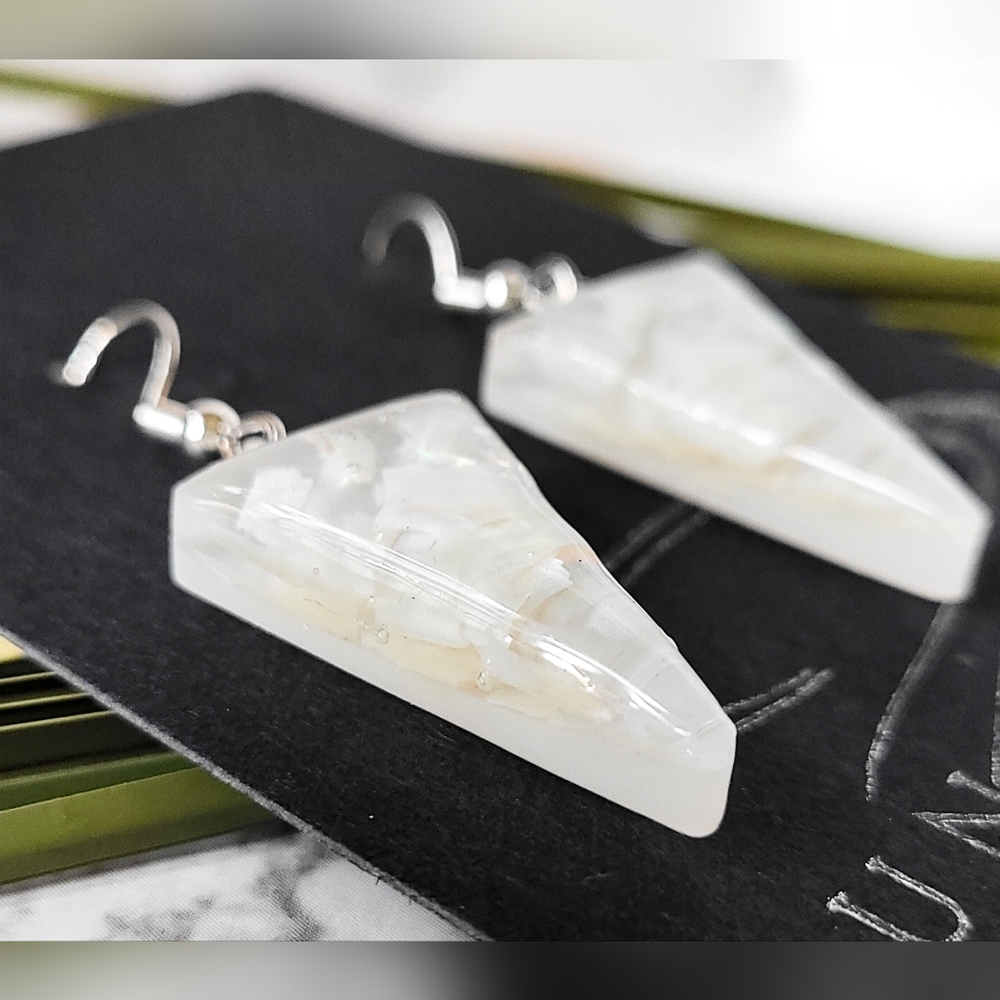 Mother Of Pearl Resin Earrings, Iridescent Triangles, Hypoallergenic - Picture 8 of 12